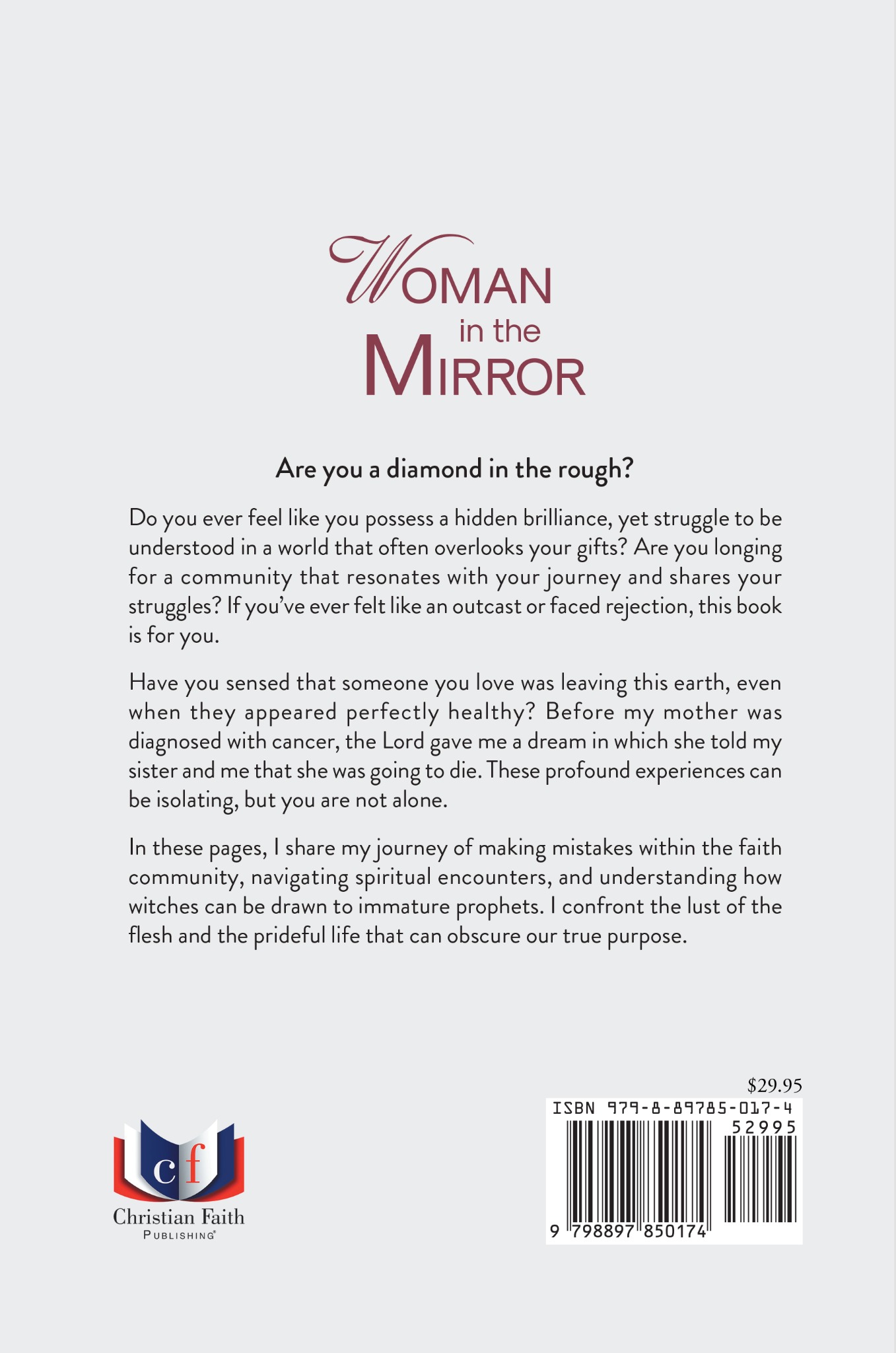 Back cover of Woman in the Mirror with description, price, and ISBN